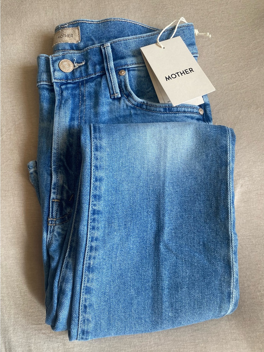 MOTHER Straight Leg Jeans in Mid Blue